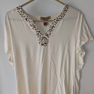 Notations Rayon Cream Sequin Beaded V-Neck Top